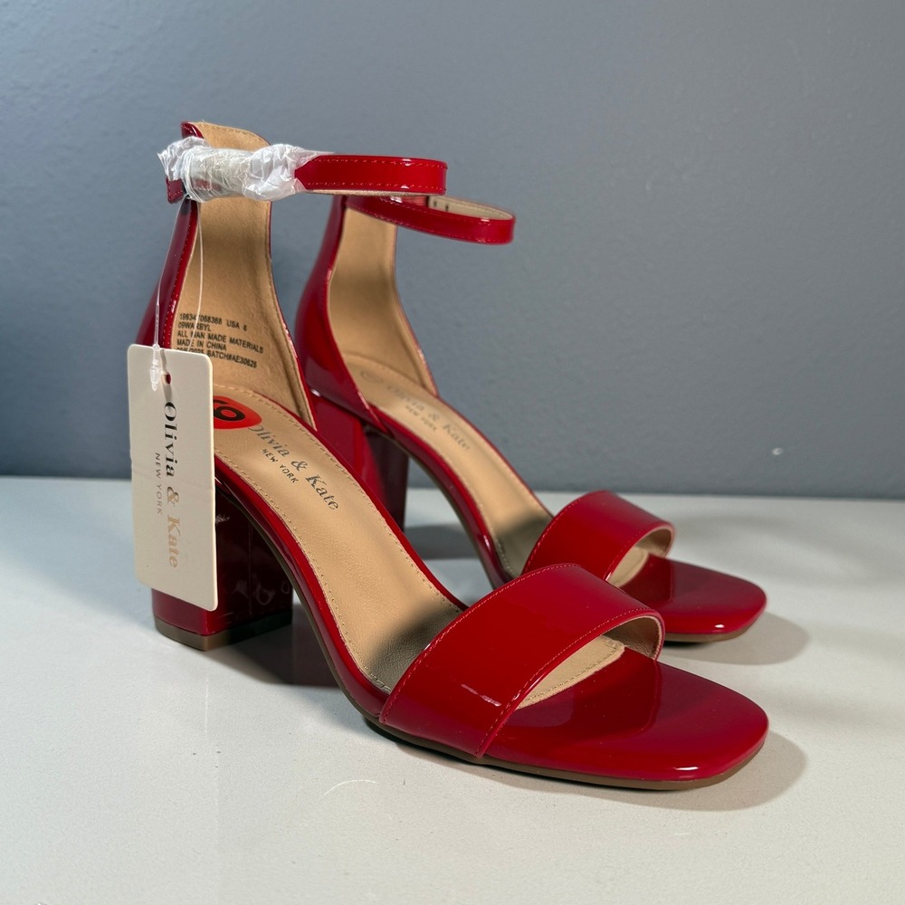 Olivia & Kate Red Patent Block Heel Ankle Strap Sandals‎ Women's Size 6